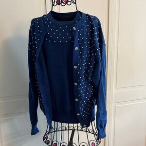 Elegant Blue Cardigan with Pearl Accents